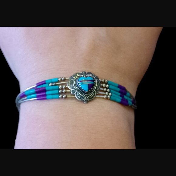 Navajo 925 Sterling Silver Liquid Silver 5 Strand Turquoise Heart Bracelet 7.25" - Picture 4 of 13